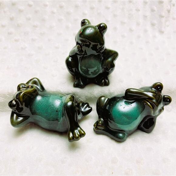 Vintage Green & Turquiose Glazed Ceramic Frog Garden Decor, 3 Relaxing Positions - Picture 1 of 4